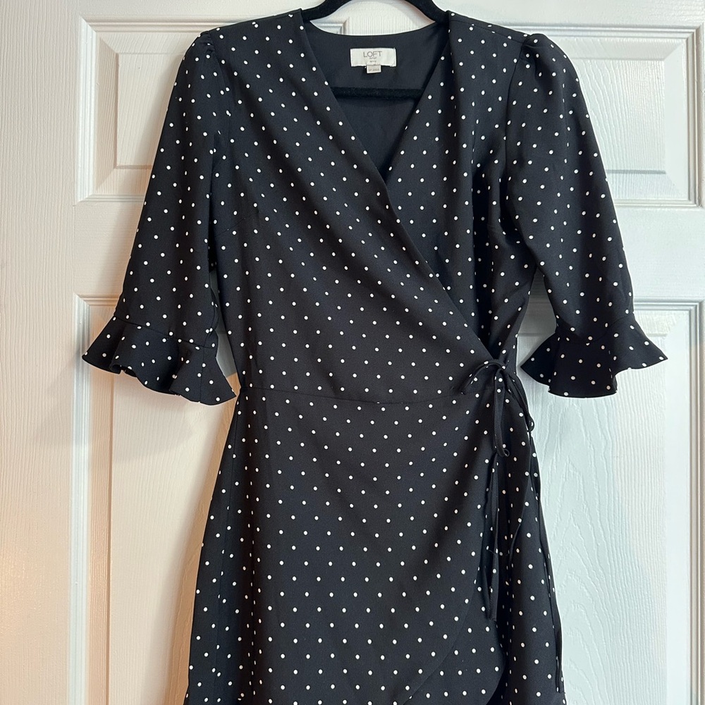 LOFT Black and White Ruffled Wrap Dress